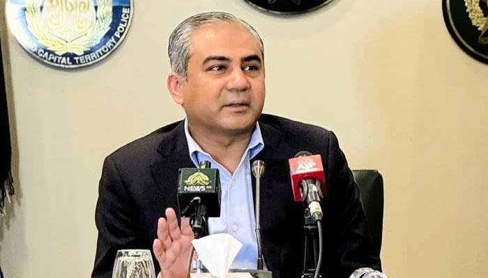 Federal Interior Minister Mohsin Naqvi speak to media persons on April 28, 2025. — Facebook@Ministry of Interior GoP