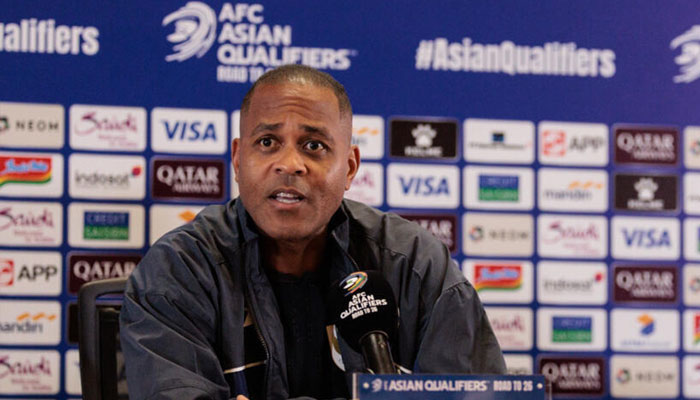 Coach Patrick Kluivert talking to media. —AFP/File