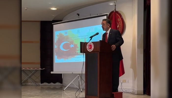 Ambassador of the Republic of Türkiye, Dr. Mehmet Irfan Nez ro lu addresses an award ceremony at the Turkish Embassy in Islamabad on June 4, 2025. — Screnegrab via Facebook@TCIslamabadBE