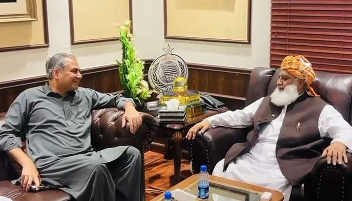 Federal Minister for Interior Mohsin Naqvi in a meeting with Jamiat Ulema-e-Islam-Fazl (JUIF) chief Maulana Fazlur Rehman at his residence in Islamabad on June 4, 2025. — Facebook@Ministry of Interior GoP