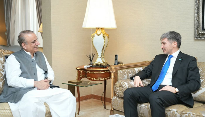 Federal Minister for Communications Abdul Aleem Khan (left) exchanging views with Ambassador of Kazakhstan Yerzhan Kistafin  during a meeting in Islamabad on June 5, 2025. — Facebook@AbdulAleemKhanOfficial