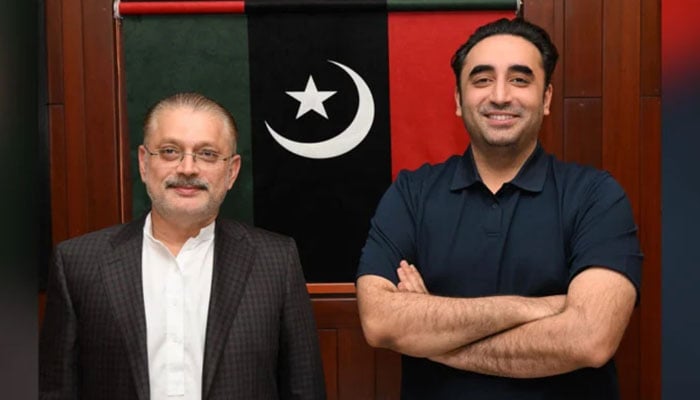 PPP Chairman Bilawal Bhutto Zardari (right) and Sindh Senior Minister for Information and Transport Sharjeel Inam Memon pose for a photo after the meeting on June 6, 2024. — Facebook@Sharjeel Inam Memon