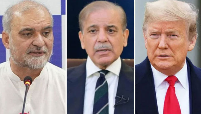 This collage shows (from left) Jamaat-e-Islami (JI) Ameer Hafiz Naeemur Rehman, Prime Minister Shehbaz Sharif, and US President Donald Trump. — Facebook@HafizNaeemRehman/PID/ReutersFile