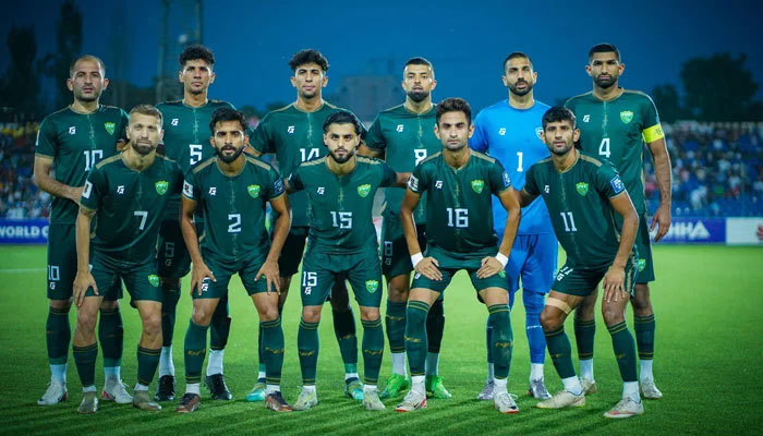 Pakistan mens football team poses for a picture ahead of their FIFA World Cup 2026 Asian Qualifiers match against Tajikistan on June 11, 2024. — PFF