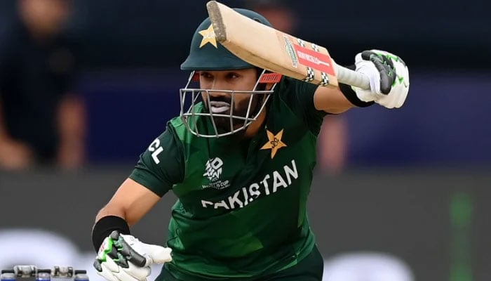 Mohammad Rizwan of Pakistan plays a shot during the ICC Mens T20 Cricket World Cup West Indies & USA 2024 match between Pakistan and Canada at Nassau County International Cricket Stadium on June 11, 2024 in New York, New York. —ICC