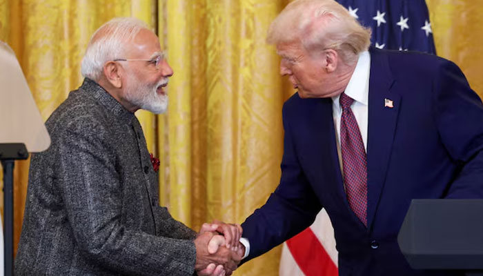 US President Donald Trump and Indian Prime Minister Narendra Modi shake hands as they attend a joint press conference at the White House in Washington, DC, US, February 13, 2025.—Reuters