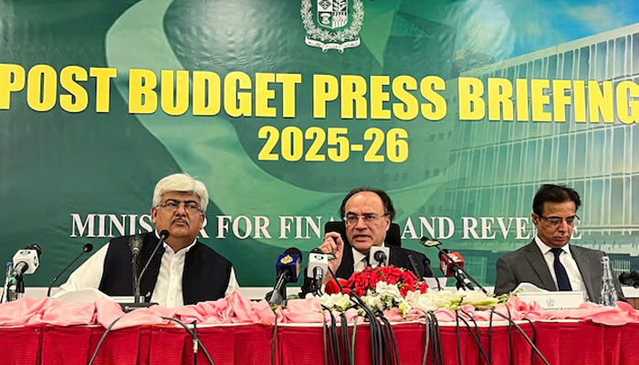 Pakistans Finance Minister Muhammad Aurangzeb, along with Chairman of the Federal Board of Revenue (FBR) Rashid Mahmood Langrial and Secretary of Finance Imdad Ullah Bosal, addresses a post-budget press briefing in Islamabad, Pakistan June 11, 2025. —Reuters
