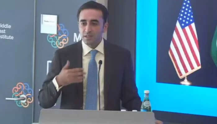 PPP chief Bilawal Bhutto-Zardari is speaking at the Middle East Institute on the challenges and opportunities in Pakistan-US relations. — Screengrab via YouTube/Middle East Institute