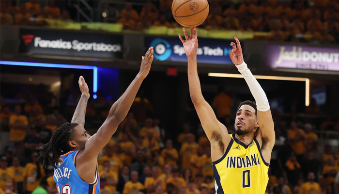 Pacers star Tyrese Haliburton shoots over Oklahoma Citys Cason Wallace during the Pacers game three win. —AFP/File