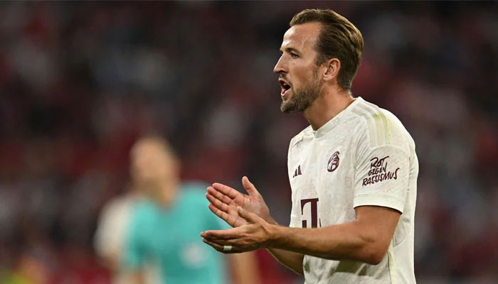 Bayern Munich´s English forward #09 Harry Kane reacts during the German Super Cup football match Bayern Munich v RB Leipzig in Munich, on August 12, 2023. — AFP