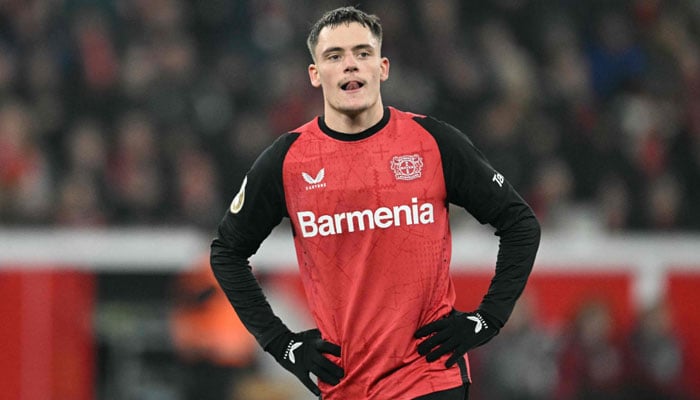 Bayer Leverkusens German midfielder #10 Florian Wirtz reacts during the German Cup (DFB Pokal) quarter-final football match Bayer 04 Leverkusen vs FC Cologne in Leverkusen, western Germany on February 5, 2025. — AFP