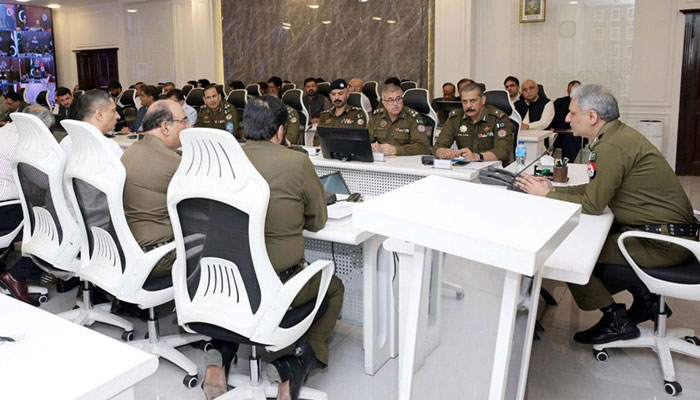 Inspector General of Police (IGP) Punjab, Dr. Usman Anwar presides over a meeting in connection of Muharram-ul-Haram coming ahead, at his office in Lahore on June 13, 2025. — PP