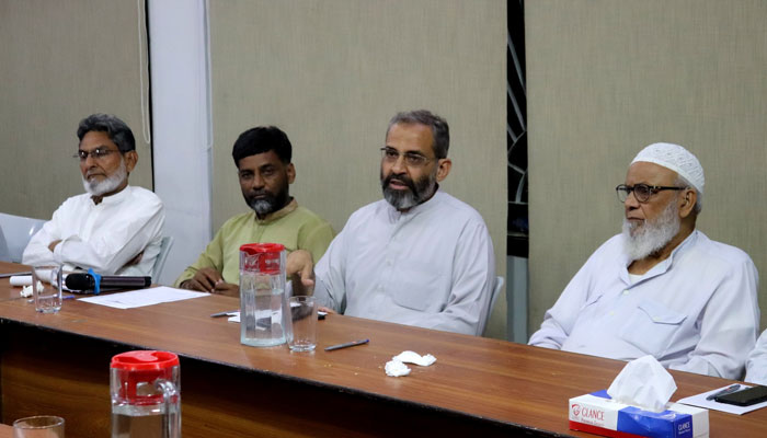 Karachi JI Emir Monem Zafar Khan chairs a high-level meeting of the party on June 13, 2025. — Facebook@Khijamaat