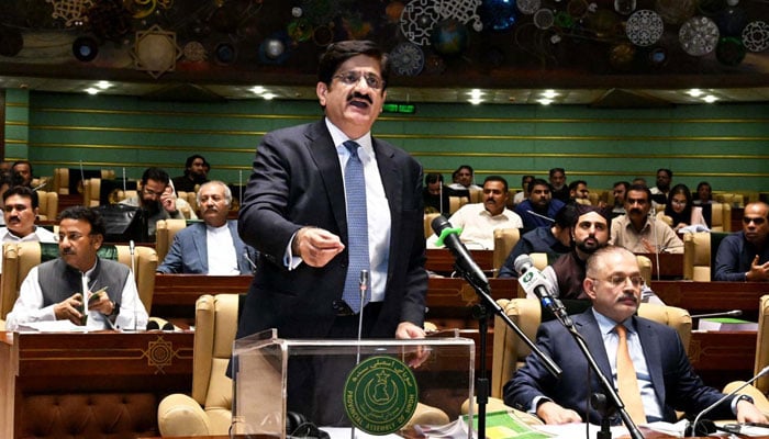 Sindh Chief Minister Syed Murad Ali Shah presents the budget estimates for the fiscal year 2025-26, at Provincial Assembly in Karachi on June 13, 2025. — PPI