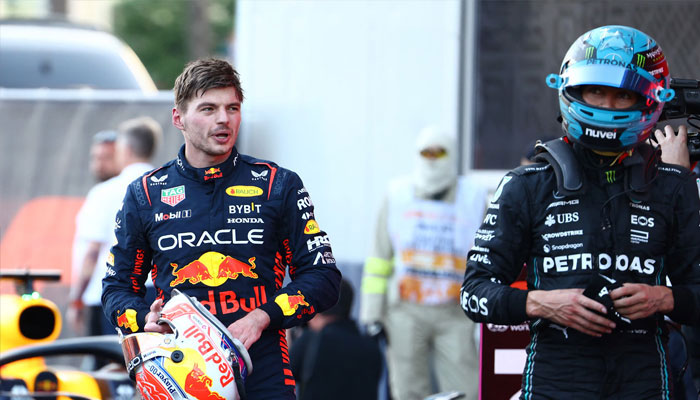 Red Bulls Max Verstappen (left) with Mercedes George Russell after the sprint. — Reuters/File