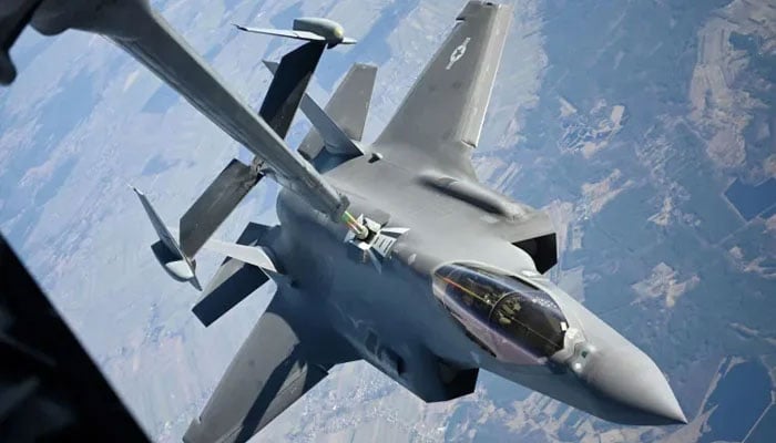 A US Air Force F-35 Lightning II aircraft receives fuel over Poland, on February 24, 2022. —Reuters