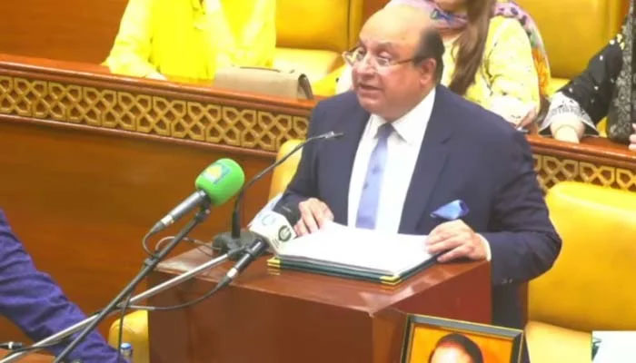 Punjab Finance Minister Mujtaba Shuja ur Rehman delivering budget speech at Punjab Assembly on June 16, 2025. — Screengrab via Geo News