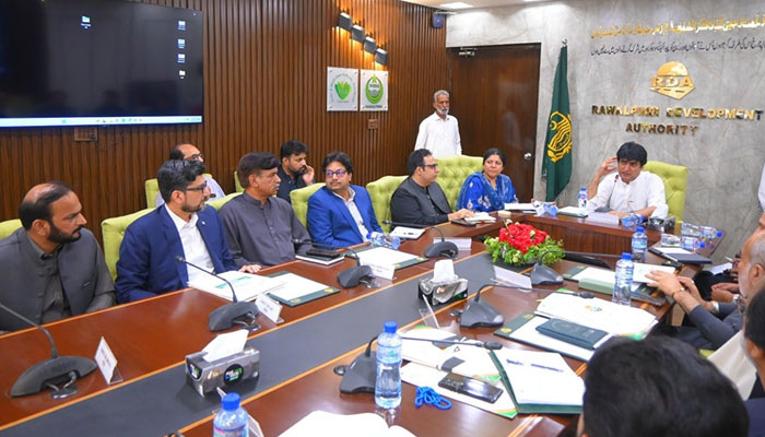 Secretary Housing and Public Health Engineering Department Noorul Amin Mengal in a meeting during his visit to the PHA Rawalpindi office on June 16, 2025. — Facebook@Parks & Horticulture Authority, Rwp