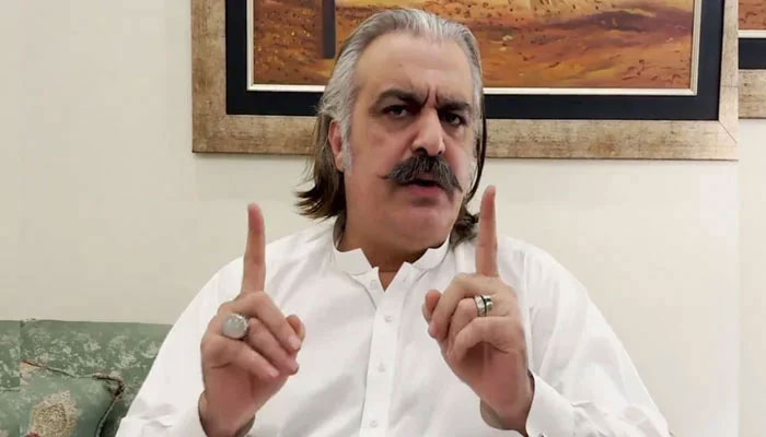 KP CM Ali Amin Gandapur gestures during a video link address to PTI workers on September 22, 2024. — screengrab via Geo News