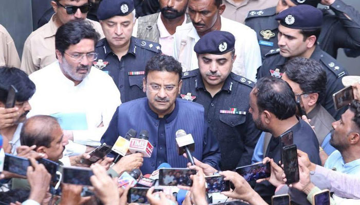 Sindh Home Minister Ziaul Hasan Lanjar talks to media during the inauguration of the Model Police Station Thatta on June 16, 2025. — Facebook@Minister for Home and Law Sindh