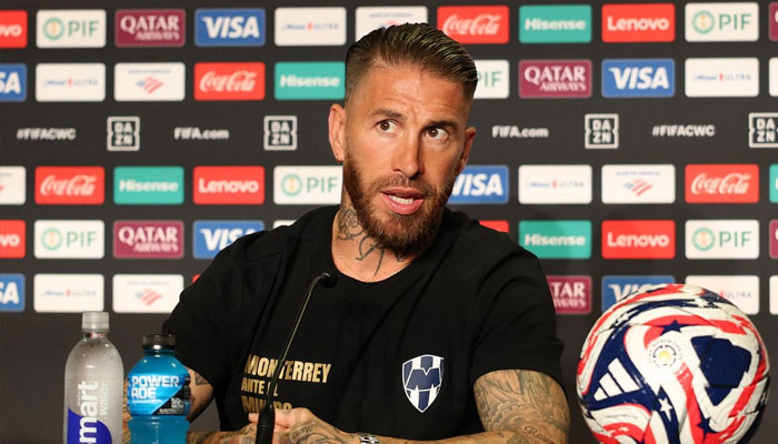 Sergio Ramos, captain of CF Monterrey addresses the media in the Press Conference ahead of their FIFA Club World Cup 2025 match against Internazionale at Rose Bowl Stadium in Pasadena, California.—AFP
