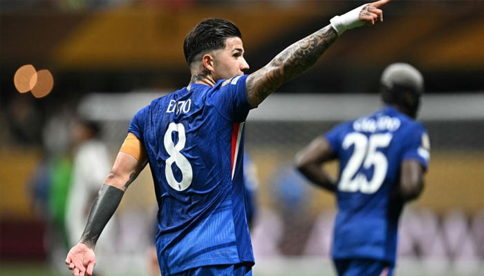 Enzo Fernandez celebrates after scoring Chelseas second goal against Los Angeles FC on Monday . —AFP/File