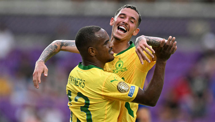 Iqraam Rayners celebrates with Brazilian teammate Arthur Sales after scoring for Mamelodi Sundowns against Ulsan HD at the Club World Cup. — AFP/File