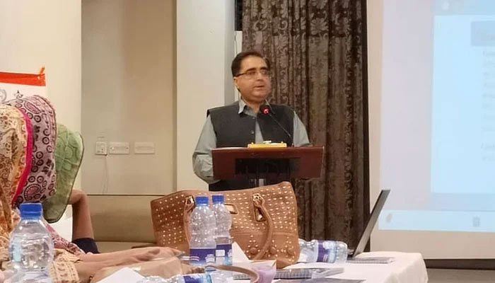 District Health Officer Dr Shah Faisal Khanzada speaks at an event on May 23, 2024. — Facebook@District Health Office Abbottabad