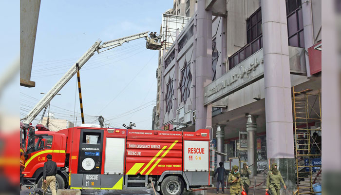 View of site after fire broke out incident due to electric short Circuit as rescue operation is underway, at Millennium Mall in Karachi on June 18, 2025. — Online