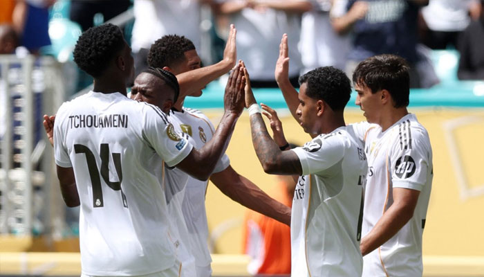 Real Madrids Gonzalo Garcia (right) celebrates scoring his teams first goal with teammates during the FIFA Club World Cup 2025 group H match against Al-Hilal at Hard Rock Stadium, Miami Gardens, US, June 18, 2025. —AFP