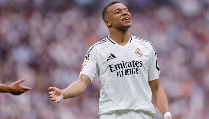 Real Madrids French forward Kylian Mbappe reacts during the Spanish league football match between Real Madrid CF and Real Sociedad at Santiago Bernabeu Stadium in Madrid on May 24, 2025. — AFP