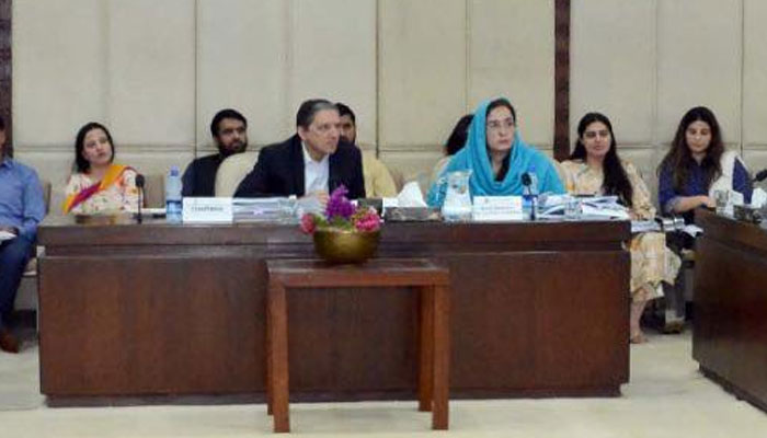 Chairman Senate Standing Committee on Finance and Revenue PPP Senator Saleem Mandviwalla presides over a meeting at the Parliament House on June 19, 2025. — Facebook@Pakistansenate