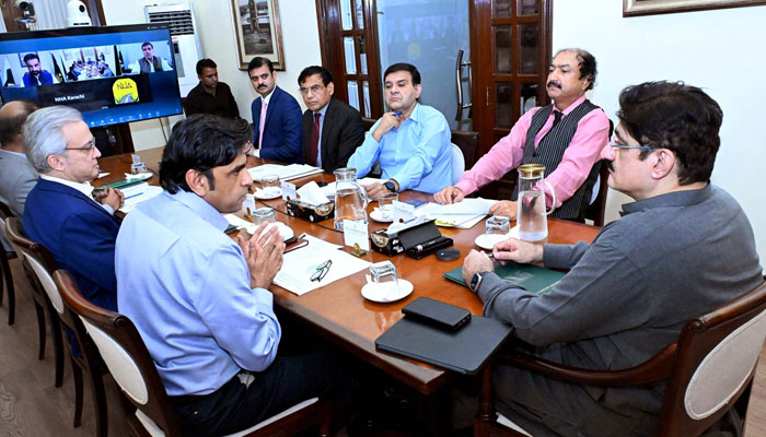 Sindh Chief Minister Syed Murad Ali Shah presides over a meeting to review the progress of the M-6 Hyderabad-Sukkur Motorway Project at CM House in Karachi on June 19, 2025. — PPI