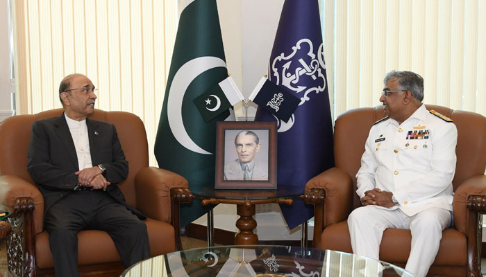 President Asif Ali Zardari (left) in a meeting with Chief of the Naval Staff Admiral Naveed Ashraf at the Naval Headquarters on June 19, 2025. — Facebook@DgprNavy