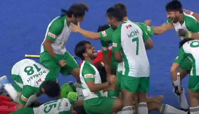 Pakistan players celebrate winning their FIH Nations Cup semi-final match against France at the National Hockey Stadium in Kuala Lumpur on June 20, 2025. — Livestream screengrab