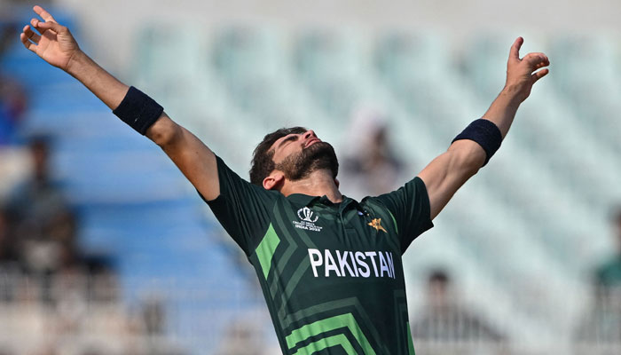 Shaheen Shah Afridi celebrates after taking the wicket of Bangladeshs Tanzid Hasan during the 2023 ICC Mens Cricket World Cup one-day international (ODI) match between Pakistan and Bangladesh at the Eden Gardens in Kolkata on October 31, 2023. — AFP