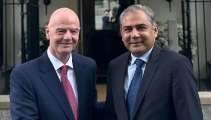 Chairman of the Pakistan Cricket Board (PCB) and Interior Minister of Pakistan Mohsin Naqvi meets with FIFA President Gianni Infantino on June 20, 2025. — Geo News