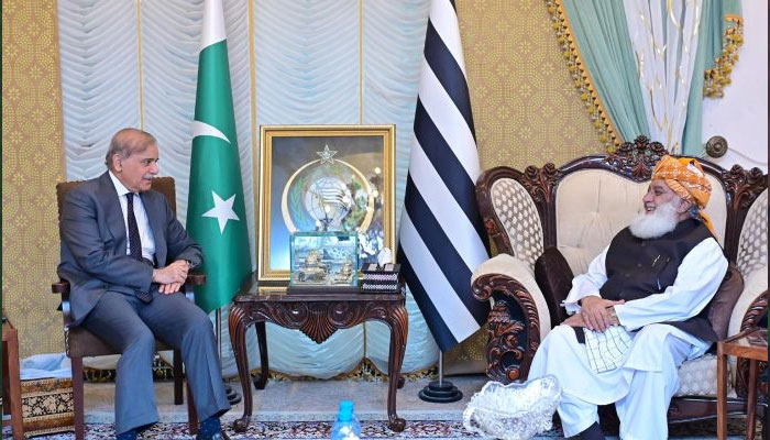 Prime Minister Muhammad Shehbaz Sharif (left) meets with President of Jamiat Ulema -e- Islam (F) Maulana Fazal-ur-Rehman on 20 June, 2025.— APP