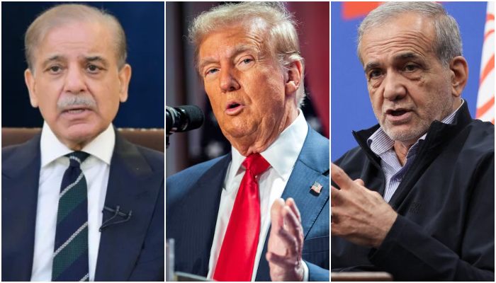 (From left to right) PM Shehbaz Sharif, US President Donald Trump, Iranian President Masoud Pezeshkian. — PID/Reuters/File