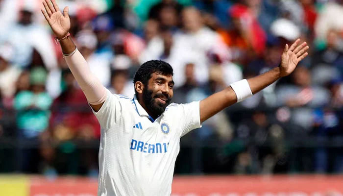Indias Jasprit Bumrah celebrates after taking the lbw wicket of Englands Tom Hartley during a fifth Test against England at the Himachal Pradesh Cricket Association Stadium, Dharamshala, India on March 9, 2024. — Reuters