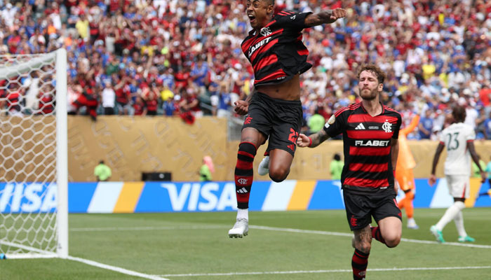 Flamengos Bruno Henrique celebrates with teammate Leo Pereira after scoring the Brazilian sides equaliser against Chelsea in Philadelphia. —AFP/File