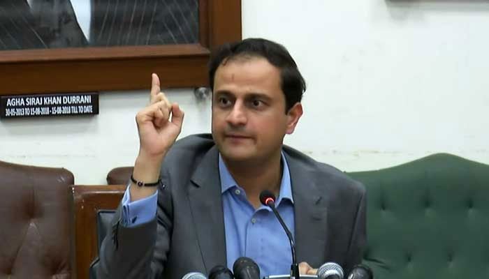 Karachi Administrator Murtaza Wahab gestures while addressing a press conference in Karachi, on September 26, 2022. — YouTube/Geo News screengrab