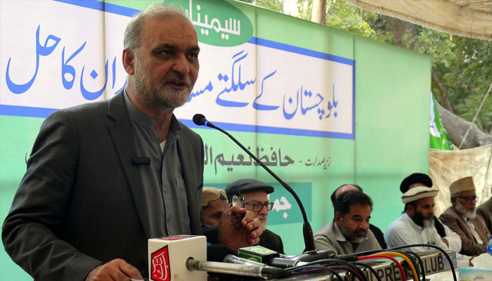 Jamat-e-Islami (JI) Chief, Hafiz Naeem-ur-Rehman addresses during seminar on Balochistan Issues, at Karachi press club on Sunday, January 19, 2025.— PPI