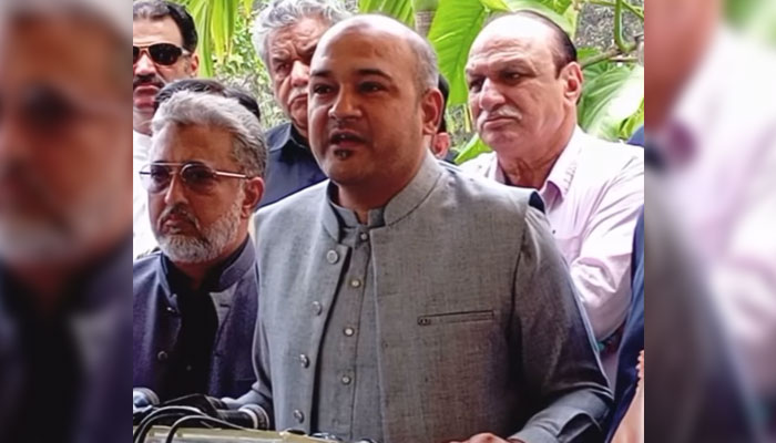 Provincial Assembly of Sindh opposition leader Ali Khurshidi of the MQM-P  talking to the media on June 21, 2025. — Screengrab via Facebook@alikhurshidi119