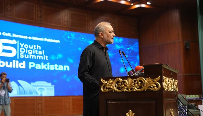 Jamaat-e-Islami (JI) Ameer Hafiz Naeemur Rehman speaking at Youth Digital Summit organised by JI Media Cell on June 22, 2025. — Facebook@HafizNaeemRehman