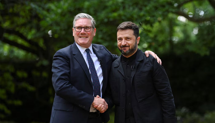 British Prime Minister Keir Starmer shakes hands with Ukrainian President Volodymyr Zelenskiy at Downing Street, in London, Britain June 23, 2025. —Reuters