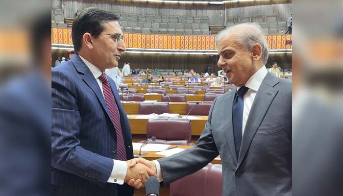 Prime Minister Muhammad Shehbaz Sharif himself approaches the opposition benches in National Assembly and greets Chairman PTI Barrister Gohar on June 26, 2025. — APP