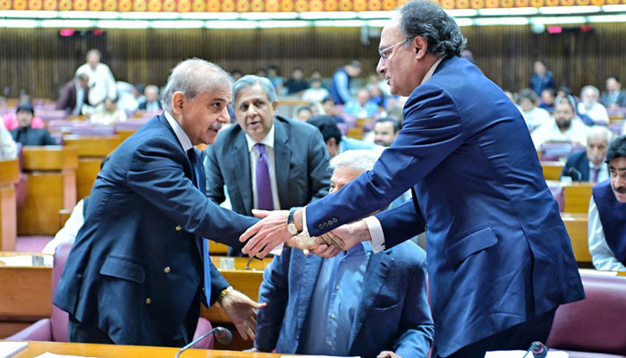 Prime Minister Muhammad Shehbaz Sharif meets MNAs during the budget session of the National Assembly on June 26, 2025. — APP/File
