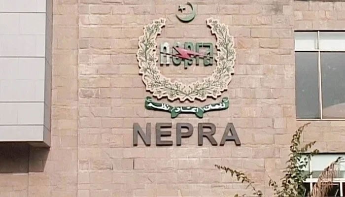 The National Electric Power Regulatory Authority (Nepra) sign can be seen on a building. &mdash; APP/File