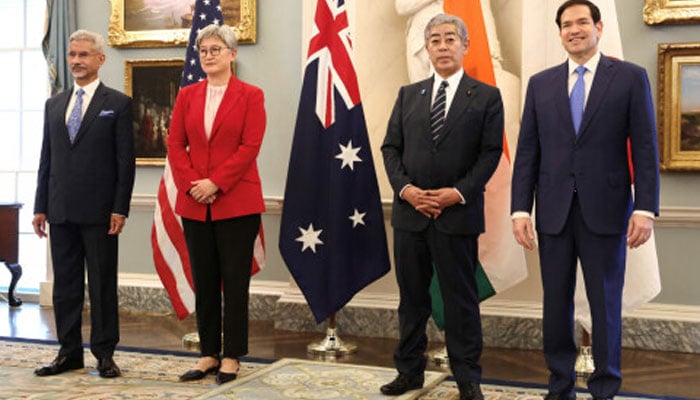This photo collage (clockwise from top) shows Indian External Affairs Minister Subrahmanyam Jaishankar, Australia&rsquo;s Foreign Minister Penny Wong, Japanese Foreign Minister Takeshi Iwaya and US Secretary of State Marco Rubio standing at the start of their meeting of the Indo-Pacific Quad; Rubio shaking hands with Takeshi; and Rubio greeting Wong, at the State Department in Washington, DC, US on July 1, 2025. &mdash; AFP